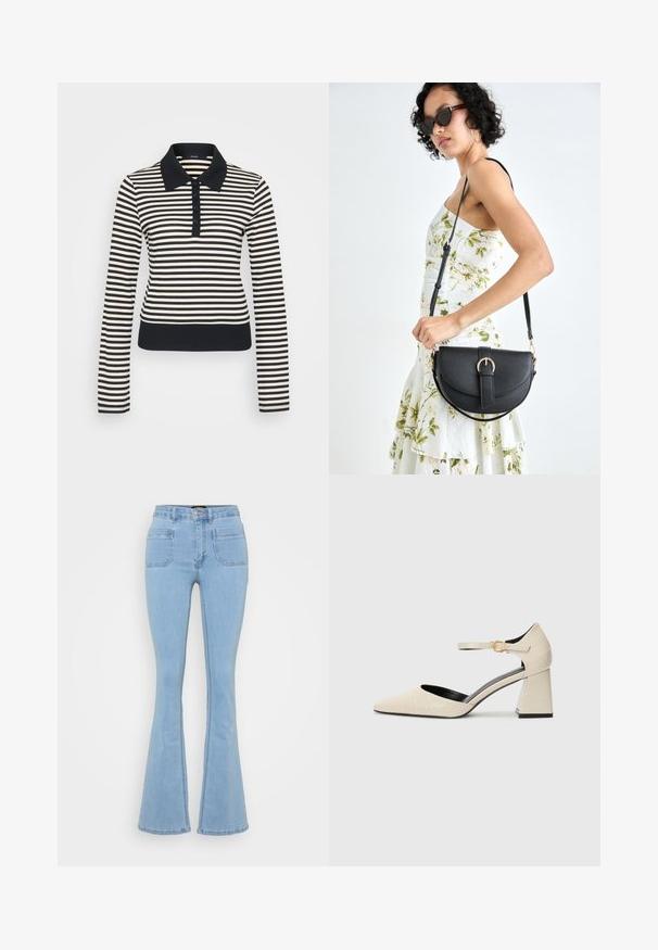 Striped langermet polo skjorte i krem og marineblå, med kragehals, knappelukking og ribbede mansjetter og nederkant.; Lys blå bukser med vide ben laget av denim, med høy midje, fem lommer og synlig søm langs sømmene.; Beige imitert lær med blokkhelte sko med spiss tå, ankelrem og subtil krokodillemønsterdetalj. Svart innvendig fôr.; Svart lærveske med en buet form, avtagbar stropp og gullbeslag. Vesken har et klaff med spenne-detall.