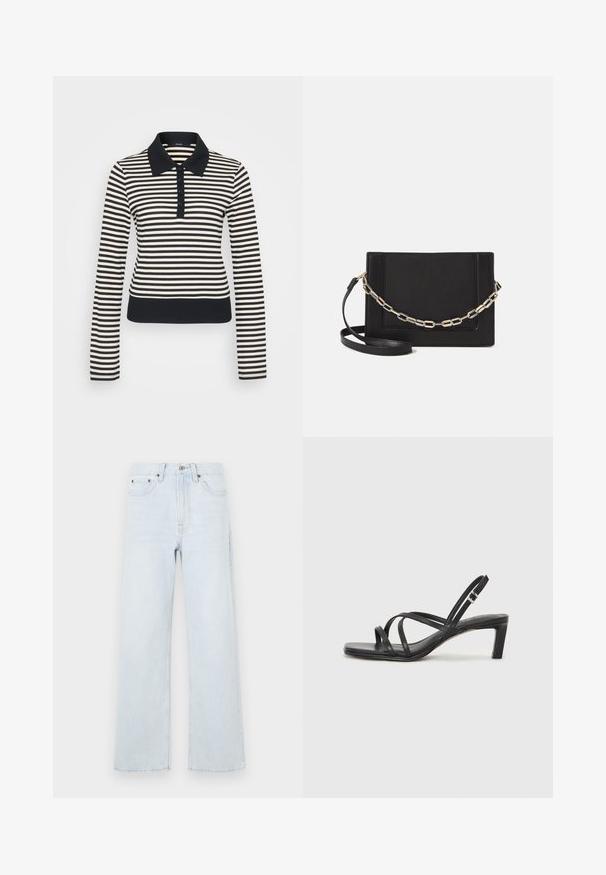 Striped long-sleeve polo shirt in cream and navy, featuring a collared neckline, button placket, and ribbed cuffs and hem.; Light blue denim jeans with a wide-leg design, featuring a button closure, five pockets, and subtle stitching details.; Black strappy sandal with a square toe and a low block heel. Features multiple thin straps and an adjustable ankle strap. Made of smooth leather.; Black leather crossbody bag featuring a smooth texture, rectangular shape, and a metallic chain detail on the front. Adjustable strap included.