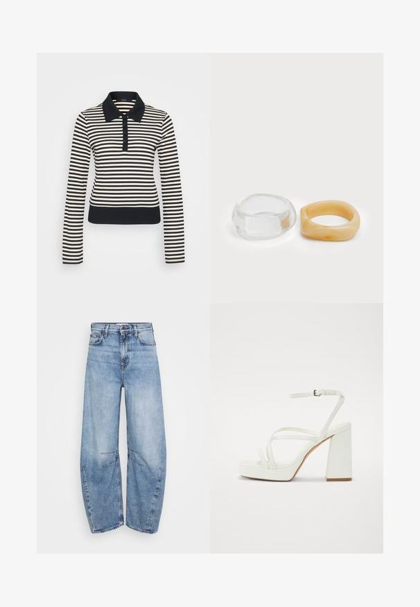 Prugasta majica s dugim rukavima u krem boji i tamnoplavoj, s ovratnikom, dugmadi i rebrastim manžetama i rubom.; Svijetloplavi traper široki traperice s visokim strukom, s vidljivim šavovima i glatkom teksturom. Odabrano izbljeđivanje dodaje detalj.; Bijele platforme sandale s debelim blok petom, s više tankih remenja i podesivim remenom oko gležnja. Glatki sintetički materijal.; Bistre i prozirni prstenovi od smole, jedan glatki i proziran, a drugi s teksturiranim, bistrim završetkom. Obojica imaju zaobljene, masivne dizajne.