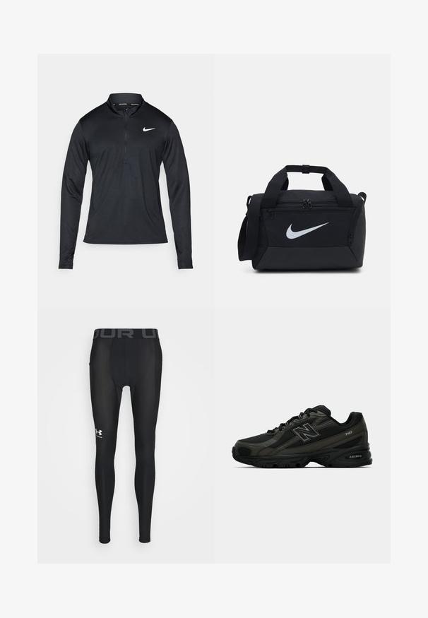 Μαύρο αθλητικό μπλουζάκι με μακριά μανίκια και μισό φερμουάρ στον λαιμό, κατασκευασμένο από μαλακό ύφασμα, με το άσπρο λογότυπο της Nike στην αριστερή πλευρά του στήθους.; Μαύρα κολάν συμπίεσης κατασκευασμένα από μαλακό, ευέλικτο υλικό, με φαρδύ ελαστικό λάστιχο στη μέση και το λογότυπο "UNDER ARMOUR" σε γκρι χρώμα, καθώς και στιλιζαρισμένο λογότυπο στο κάτω μέρος του ποδιού.; Μαύρα αθλητικά παπούτσια με υφαντό συνθετικό επάνω μέρος, που διαθέτουν μαλακή σόλα και έντονο λογότυπο "Ν" στο πλάι. Ο σχεδιασμός περιλαμβάνει ελαφριές μεσόπανες με διχτυωτές ενότητες.; Μαύρη τσάντα duffel με απαλό ύφασμα, διπλές διαμερίσματα με φερμουάρ, μαλακούς ιμάντες και μεγάλο λευκό λογότυπο Nike μπροστά.