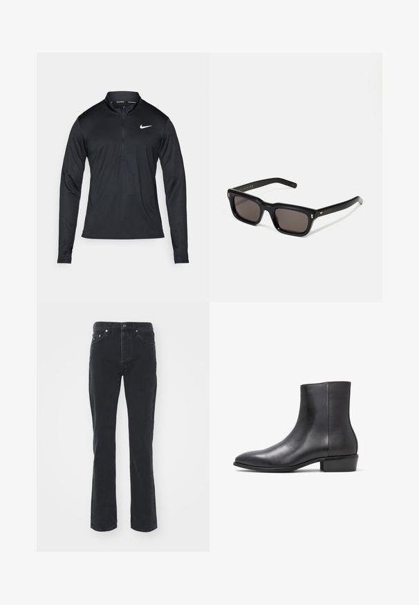 Mustmust musteega sportlitsär, millel on poole tõmblukuga kaelus, valmistatud siledast kangast, vasakul rinnal on valge Nike logo.; Mustad denimist valmistatud sirge säärega teksad, mis sisaldavad viit taskut ja nööbiga kinnitust. Kude on õrnalt tekstuuritud ja vastupidav.; ALDO PILLOWWALK+FLEX INSIDE ZIP AMUR - Klassikalised poolsaapad - open black; Mustad mustakorruselised prillid tumedate läätsedega, paks plastikraam, kuldsed aksendid templites ning kaubamärgi logo graveeritud käe lilla.