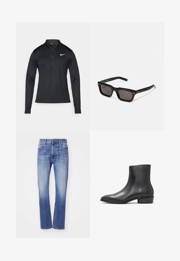 Fekete, hosszú ujjú sportpóló, félig cipzáros gallérral, sima anyagból készült, bal mellen fehér Nike logóval.; Kék farmernadrág egyenes szárú fazonban, elhalványult textúrával és öt zsebes kialakítással. Gombos és cipzáras záródással a deréknál.; ALDO PILLOWWALK+FLEX INSIDE ZIP AMUR - Klasszikus bokacsizmák - open black; Fekete téglalap alakú napszemüveg sötét lencsékkel, vastag műanyag keret, arany díszítések a szárakon, és a márka logója gravírozva a szára.