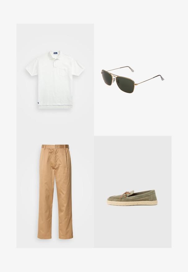 Bílá polo košile vyrobená z bavlny, s klasickým límcem, tříknoflíkovou légou a kapsičkou na levé straně hrudi; malá nášivka na lemu.; Khaki kalhoty, směs bavlny, rovný střih, přední záhyby, poutka na opasek a knoflíkové zapínání. Hladká textura bez vzorů.; Zelené semišové espadrilky na slip-on s pletenou juteovou podrážkou, kulatou špičkou a hnědým šněrováním na nártu.; Zlaté kovové pilotky s velkými tmavě zelenými čočkami, s tenkým rámem a transparentními nosními polštářky pro pohodlí.