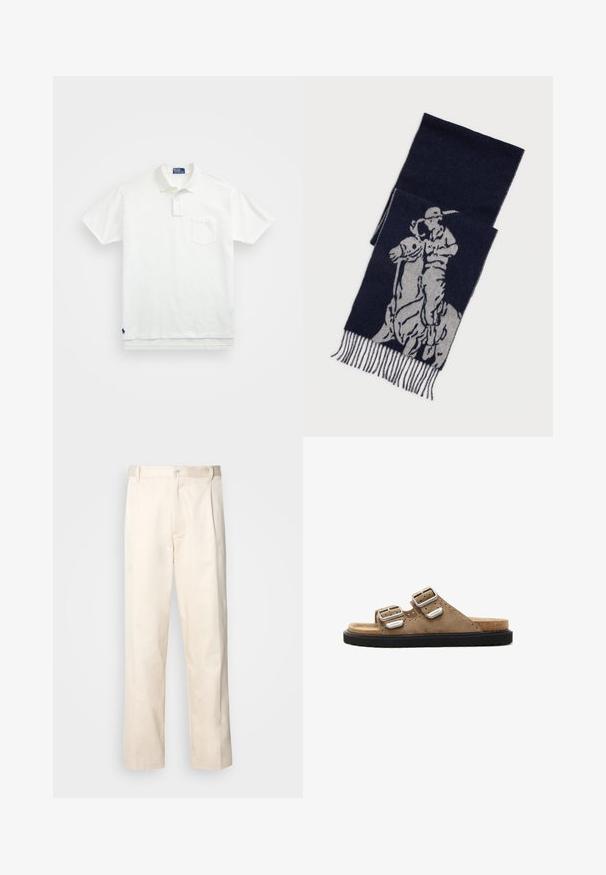 Hvit polo skjorte laget av bomull, med klassisk krage, tre-knapps ståkrage og lomme på venstre bryst; liten logo ved kanten.; Beige bomullsbukser med rett benfatt, med knappelukking og folder foran for ekstra detaljer.; Brune lær-slide sandaler med to justerbare sølvspenner, sort teksturert såle og perforerte detaljer på den øverste delen.; Mørkeblå sjal med grå grafikk av en polo-spiller på hesteryggen, med frynsete kanter.