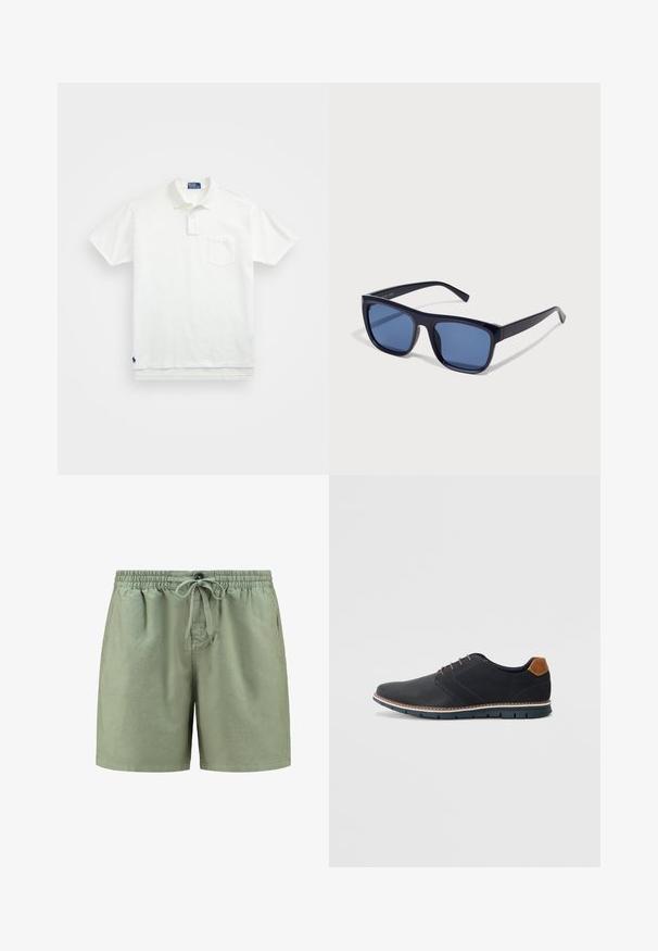 Bílá polo košile vyrobená z bavlny, s klasickým límcem, tříknoflíkovou légou a kapsičkou na levé straně hrudi; malá nášivka na lemu.; Světle zelené kraťasy vyrobené z měkké látky, s elastickým pasem, stahovací šňůrkou a bočními kapsami. Jednoduchý design bez vzorů.; Černé syntetické boty s texturovaným svrškem, hladkými detaily, hnědým podpatkem a kontrastní podrážkou. Obsahují minimální šněrování a švy.; Černé plastové sluneční brýle s obdélníkovými rámy, modře zabarvenými skly a úzkými bočními rameny, s lesklým povrchem.