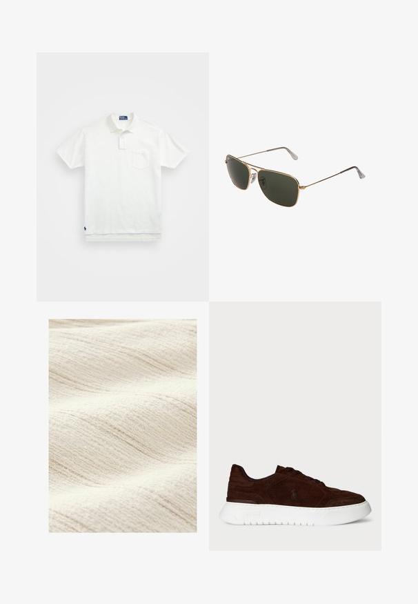 White polo shirt made of cotton, featuring a classic collar, three-button placket, and a left chest pocket; small logo at the hem.; Textured, off-white fabric with a subtle wave pattern. The surface appears soft, featuring fine, uneven lines for added depth.; Dark brown suede sneaker with white thick sole, lace-up closure, and subtle Polo logo on side, viewed from the outer side.; Gold metal aviator sunglasses with large dark green lenses, featuring a thin frame and transparent nose pads for comfort.