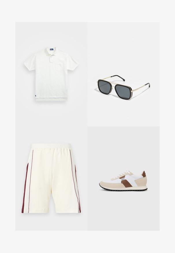Polo shirt blanc en coton, avec un col classique, une patte de boutonnage à trois boutons et une poche sur la poitrine à gauche ; petit logo en bas.; Shorts en crème clair avec une taille élastique, présentant des rayures latérales bordeaux et une texture lisse, ourlés au niveau des jambes.; Baskets avec un mélange de mesh blanc et de suède beige, agrémentées d'un accent en cuir marron. Bout arrondi, semelle en caoutchouc plate et design à lacets.; Lunettes de soleil noires et dorées avec une forme carrée, une monture métallique, des verres gris foncé et des embouts de branches noirs. Présente un design à double pont.