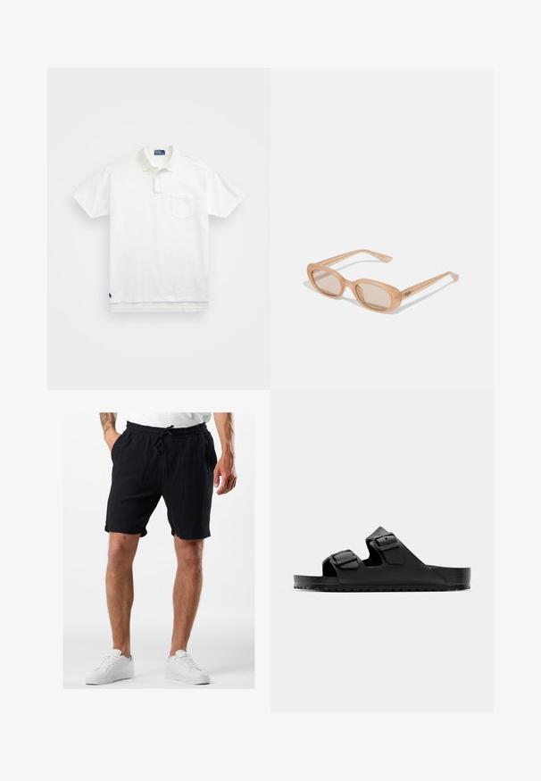 White polo shirt made of cotton, featuring a classic collar, three-button placket, and a left chest pocket; small logo at the hem.; Black cotton shorts with an elastic waistband and drawstring, featuring a textured fabric and side pockets, worn with white sneakers.; Black sandals with two adjustable straps, made of synthetic material. Features textured footbed and durable rubber sole with grip.; Sunglasses with a transparent light brown frame, oval lenses, and slender arms featuring a subtle logo engraved. Matte finish with minimalist design.