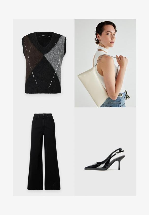 Sleeveless v-neck knit vest featuring a geometric patchwork in black, gray, and brown, with white accent stitching and a textured finish.; Black wide-leg jeans made from denim, featuring a high waist, five pockets, front button closure, and minimal stitching details.; Black patent leather slingback pump with a pointed toe and slender heel. Features an adjustable buckle strap at the back. Smooth texture.; White rectangular clutch bag made of glossy material, featuring a silver chain strap. Model poses, showcasing the bag against a plain background.