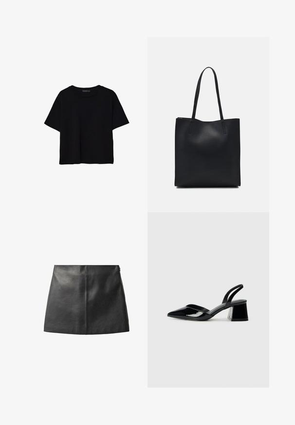 Čierne tričko s krátkym rukávom vyrobené z bavlny. Má okrúhly výstrih a voľný strih s hladkou, jednofarebnou textúrou. Žiadne viditeľné vzory ani akcenty.; Čierna kožená sukňa s hladkou textúrou, priliehavým strihom a minimalistickou siluetou. Obsahuje stredový šev a diskrétny bočný zips.; Čierne lakované kožené sandálové podpätky s špicatou špičkou a geometrickým blokovým podpätkom. Disponujú elegantným, minimalistickým dizajnom a hladkým povrchom.; Čierna kožená taška na rameno s hladkým povrchom, obdĺžnikovým tvarom a dvoma dlhými uchami. Bez viditeľného kovania alebo ozdôb.