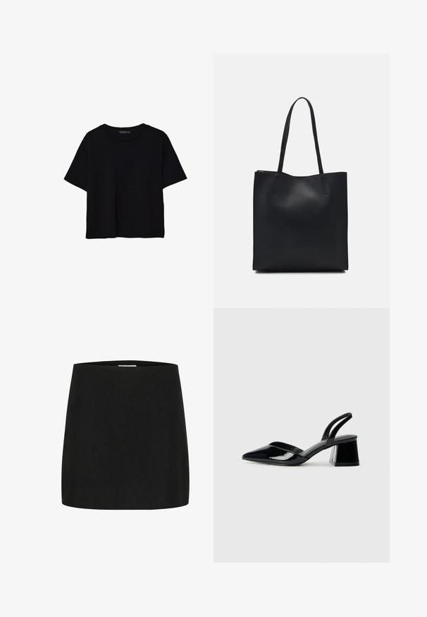 Mustat lyhyet hihavat t-paidat, jotka on valmistettu puuvillasta. Ominaisuuksiin kuuluu pyöreä kaula-aukko ja löysä istuvuus sekä sileä, yksinkertainen pinta. Ei näkyviä kuvioita tai koristeita.; Musta mini hame, joka on valmistettu teksturoidusta kankaasta. Hameessa on yksinkertainen, suora leikkaus ilman näkyviä koristeita tai kuvioita.; Mustat patentoitu nahkakengät, joissa on säären takaosa ja terävä kärki, sekä geometrinen palikkakorko. Sisältää tyylikkään, minimalistisen muotoilun ja sileän pinnan.; Mustapahkainen kangaskassi, jossa on sileä pinta, suorakaiteen muotoinen ja kaksi pitkää kahvaa. Ei näkyvää metalliosaa tai koristeita.