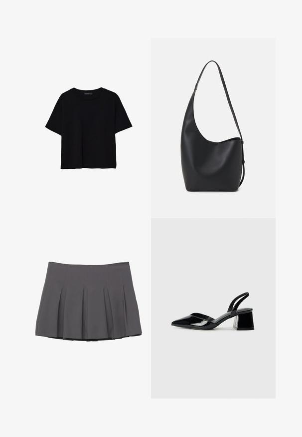 Czarna koszulka z krótkim rękawem wykonana z bawełny. Posiada okrągły dekolt i luźny krój z gładką, jednolitą teksturą. Brak widocznych wzorów lub akcentów.; Szara plisowana spódnica o gładkiej fakturze, z przeszywanymi detalami i dopasowanym pasem, kończąca się na długości w połowie uda.; Czarne lakierowane półbuty na obcasie z wydłużonym noskiem i geometrycznym słupkiem. Charakteryzują się eleganckim, minimalistycznym designem oraz gładką fakturą.; Czarna skórzana torba hobo o gładkiej fakturze, zaokrąglonym kształcie i pojedynczym, regulowanym pasku; posiada szerokie otwarcie na górze.
