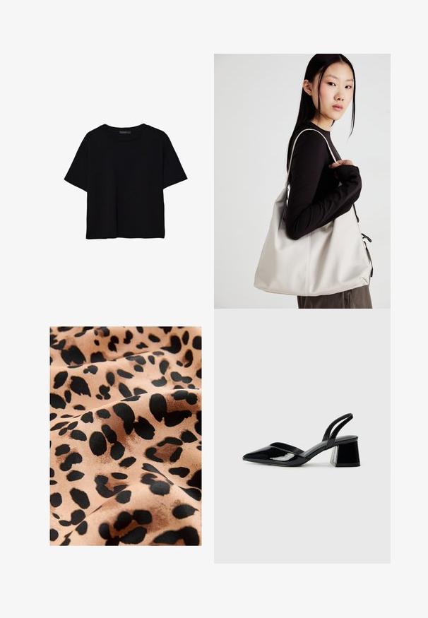 T-shirt noir à manches courtes en coton. Présente un col rond et une coupe ample avec une texture lisse et unie. Aucun motif ni accent visible.; Tissu imprimé léopard avec de grandes taches noires sur un fond beige, présentant une texture satinée lisse et une apparence fluide.; Escarpins en cuir verni noir avec bout pointu et talon bloc géométrique. Présente un design élégant et minimaliste ainsi qu'une texture lisse.; Sac à main beige en matériau souple, avec un design décontracté, des détails cousus et deux poignées. Idéal pour un usage quotidien.
