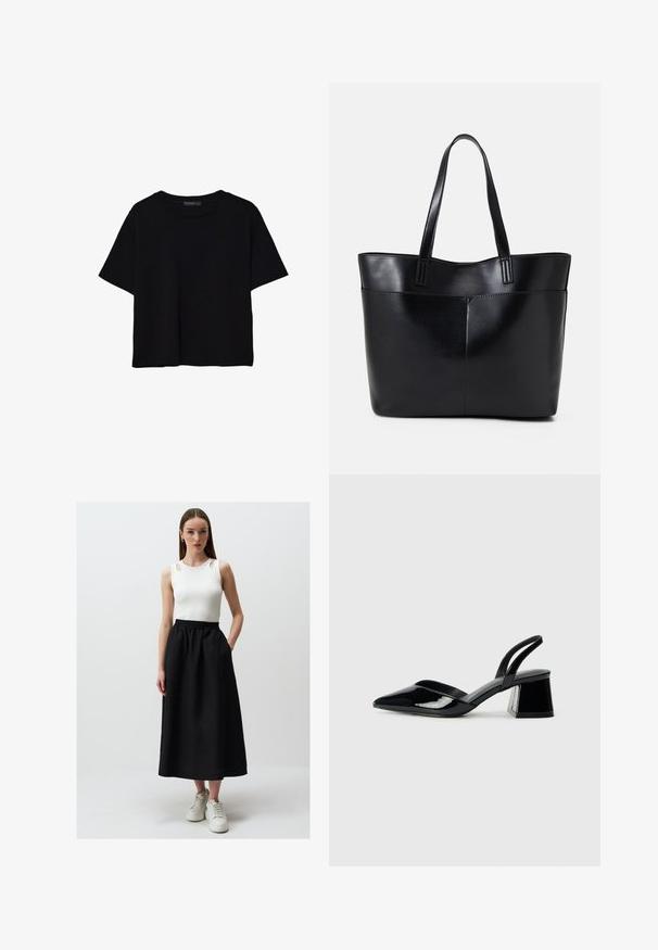 Schwarzes T-Shirt mit kurzen Ärmeln aus Baumwolle. Verfügt über einen runden Ausschnitt und einen lockeren Schnitt mit einer glatten, einfarbigen Textur. Keine sichtbaren Muster oder Akzente.; Weißes ärmelloses Top mit Schulterauschnitten, kombiniert mit einem schwarzen, knöchellangen Rock mit elastischem Bund und seitlichen Taschen, getragen mit weißen Sneakern.; Schwarze Lackleder-Slingback-High Heels mit spitzem Schuh und einem geometrischen Blockabsatz. Verfügt über ein schlankes, minimalistisches Design und eine glatte Textur.; Schwarze Leder-Shopper-Tasche mit zwei langen Griffen, einer glatten Textur und einer strukturierten Form. Verfügt über eine Vordertasche für zusätzlichen Stauraum.