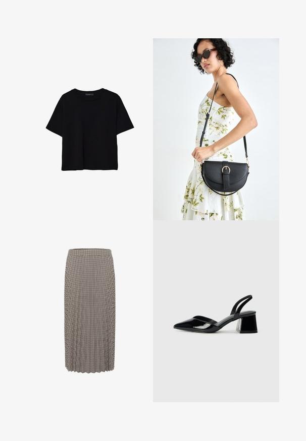Črna kratkotrajna majica brez rokavov iz bombaža. Ima okroglo ovratnico in sproščen kroj z gladko, enostavno teksturo. Brez vidnih vzorcev ali dodatkov.; Plisirana midi krila v črno-beli karirni vzorec. Ima pas in teksturirano tkanino s ravnim krojem.; Črne lakirane slingback pete s koničastim nosom in geometrijsko blokasto peto. Imajo eleganten, minimalističen dizajn in gladko teksturo.; Črna usnjena torbica s ukrivljeno obliko, z odstranljivo naramnico in zlatimi dodatki. Torbica ima pokrov s podrobnostmi v obliki zaponke.