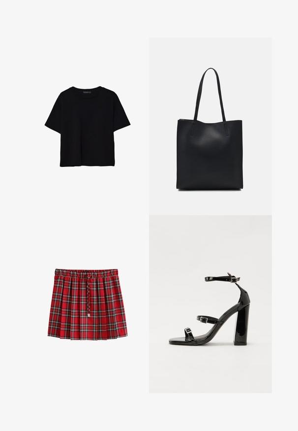 T-shirt noir à manches courtes en coton. Présente un col rond et une coupe ample avec une texture lisse et unie. Aucun motif ni accent visible.; Jupe plissée écossaise rouge à motif vichy noir et blanc avec un cordon tressé à la taille élastique.; Sandales à talons vernies noires avec un bout carré, des sangles autour de la cheville et des boucles en argent. Dotées d'un talon bloc épais pour plus de stabilité.; Sac fourre-tout en cuir noir avec une texture lisse, de forme rectangulaire et deux longues poignées. Pas de matériel ou d'ornementations visibles.