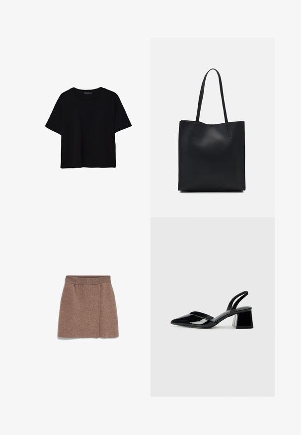 Schwarzes T-Shirt mit kurzen Ärmeln aus Baumwolle. Verfügt über einen runden Ausschnitt und einen lockeren Schnitt mit einer glatten, einfarbigen Textur. Keine sichtbaren Muster oder Akzente.; Brauner, gestrickter Minirock mit weitem, elastischem Bund. Verfügt über ein vorderes Falten-Design und eine weiche, strukturierte Oberfläche.; Schwarze Lackleder-Slingback-High Heels mit spitzem Schuh und einem geometrischen Blockabsatz. Verfügt über ein schlankes, minimalistisches Design und eine glatte Textur.; Schwarze Laptoptasche aus Leder mit glatter Textur, rechteckiger Form und zwei langen Griffen. Keine sichtbaren Beschläge oder Verzierungen.