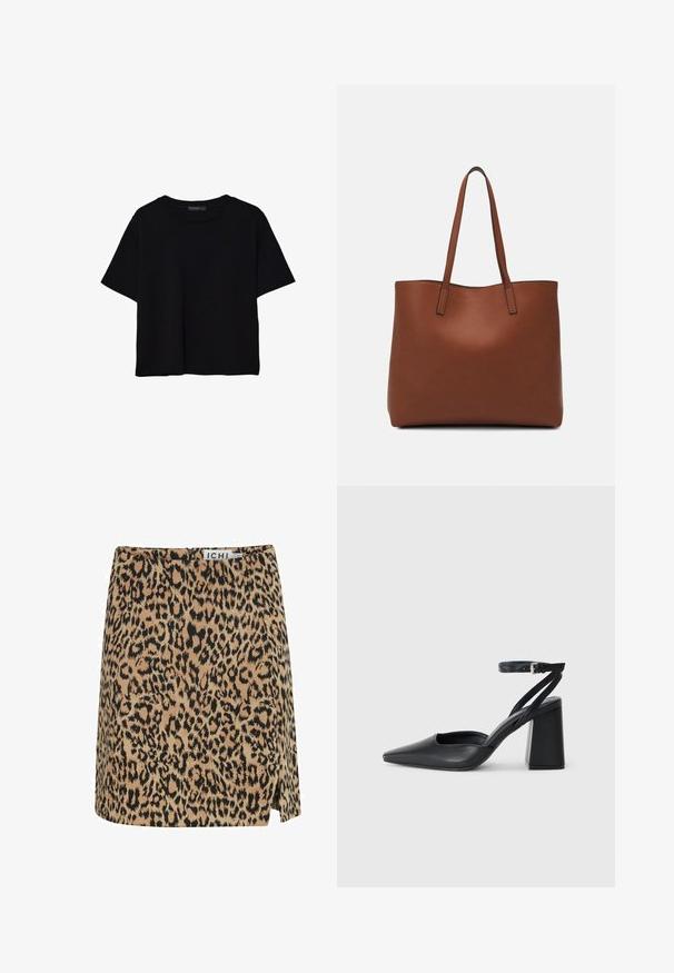 Črna kratkotrajna majica brez rokavov iz bombaža. Ima okroglo ovratnico in sproščen kroj z gladko, enostavno teksturo. Brez vidnih vzorcev ali dodatkov.; Mini krilo v leopardjem vzorcu, izdelano iz mehkega blaga, z bež osnovo in črnimi madeži, stranskim razporkom in diskretnim zadrgo na hrbtni strani.; Črne usnjene klasične čevlje z ostrim nosom, z zaponko za gleženj in debelim peto. Ravna tekstura, eleganten dizajn in minimalistična estetika.; Rjava usnjena torba z gladko teksturo, odprto zasnovo zgoraj in dvema naramnima trakovoma. Opremljena je z minimalnim šivanjem in brez vidnih kovinskih delov.