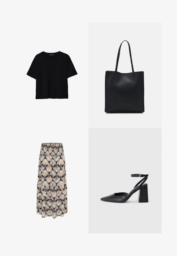 Čierne tričko s krátkym rukávom vyrobené z bavlny. Má okrúhly výstrih a voľný strih s hladkou, jednofarebnou textúrou. Žiadne viditeľné vzory ani akcenty.; Čierna sukňa s bielo-zlatým listovým vzorom, s prehnutým pásom, splývavým dizajnom a detailom s tierovaným lemom. Tkanina vyzerá ľahko a jemne.; Čierne kožené lodičky s špicatou špičkou a členkovým remienkom, s masívnym podpätkom. Hladký povrch, elegantný dizajn a minimalistická estetika.; Čierna kožená taška na rameno s hladkým povrchom, obdĺžnikovým tvarom a dvoma dlhými uchami. Bez viditeľného kovania alebo ozdôb.