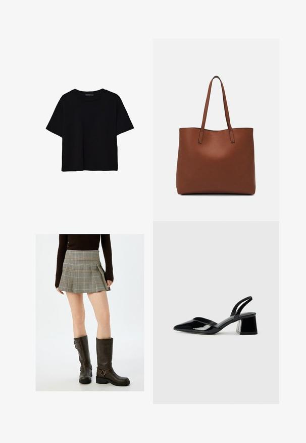 Zwart kortemouwen t-shirt van katoen. Heeft een ronde hals en een losse pasvorm met een gladde, egaal textuur. Geen zichtbare patronen of accenten.; Beige en zwarte ruitjes minirok met plooien en een aansluitende taille. Gecombineerd met hoge bruine leren laarzen met gespen.; Zwarte gepatineerde leren slingback hakken met een spitse neus en een geometrische blokhak. Kenmerkt zich door een slank, minimalistisch ontwerp en een gladde textuur.; Bruine leren tote bag met een gladde textuur, een ontwerp met een open bovenkant en twee schouderbanden. Kenmerkt zich door minimale stiksels en geen zichtbare hardware.