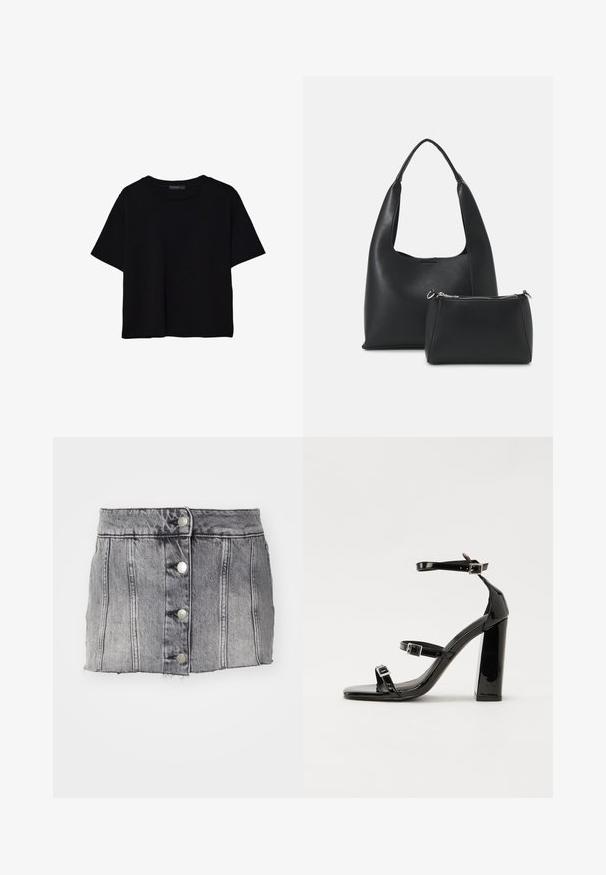 Črna kratkotrajna majica brez rokavov iz bombaža. Ima okroglo ovratnico in sproščen kroj z gladko, enostavno teksturo. Brez vidnih vzorcev ali dodatkov.; Siva denim krilo z visokim pasom, petimi srebrnimi gumbi, vertikalnim šivom in surovim robom. Ima oprijet silhueto in mehak teksturo.; Črne lakirane sandale s peto, kvadratnim prstom, trakovi okrog gležnja in srebrnimi zaponkami. Opremljene so s stabilno Debelo peto.; Even&Odd Torbica - black