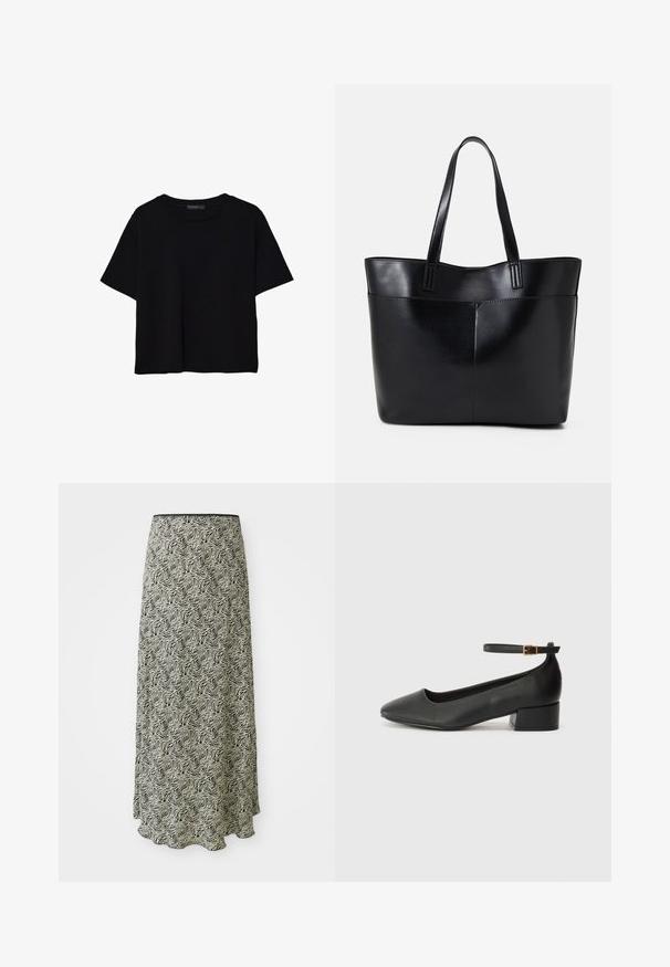 Crna majica kratkih rukava od pamuka. Ima okrugli izrez i labav kroj s glatkom, jednoličnom teksturom. Nema vidljivih uzoraka ili akcenta.; Crna i bež midi suknja s valovitim uzorkom, glatkom teksturom i valovitom ivicom; izrađena od lagane tkanine.; Crne kožne pumpe s oštrim vrhom i niskom blok petom. Sadrže remen oko gležnja s zlatnim kopčanjem. Glatka tekstura.; Crna kožna torba s dugim ručkama, glatkom teksturom i strukturiranim oblikom. Ima prednju džep za dodatno pohranu.