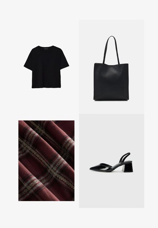 Zwart kortemouwen t-shirt van katoen. Heeft een ronde hals en een losse pasvorm met een gladde, egaal textuur. Geen zichtbare patronen of accenten.; Geruite stof in burgundy en grijs, met een zachte textuur en opvallende zwarte en crèmekleurige lijnen en een geweven patroon doorheen.; Zwarte gepatineerde leren slingback hakken met een spitse neus en een geometrische blokhak. Kenmerkt zich door een slank, minimalistisch ontwerp en een gladde textuur.; Zwarte leren handtas met een gladde textuur, rechthoekige vorm en twee lange handvaten. Geen zichtbare hardware of versieringen.