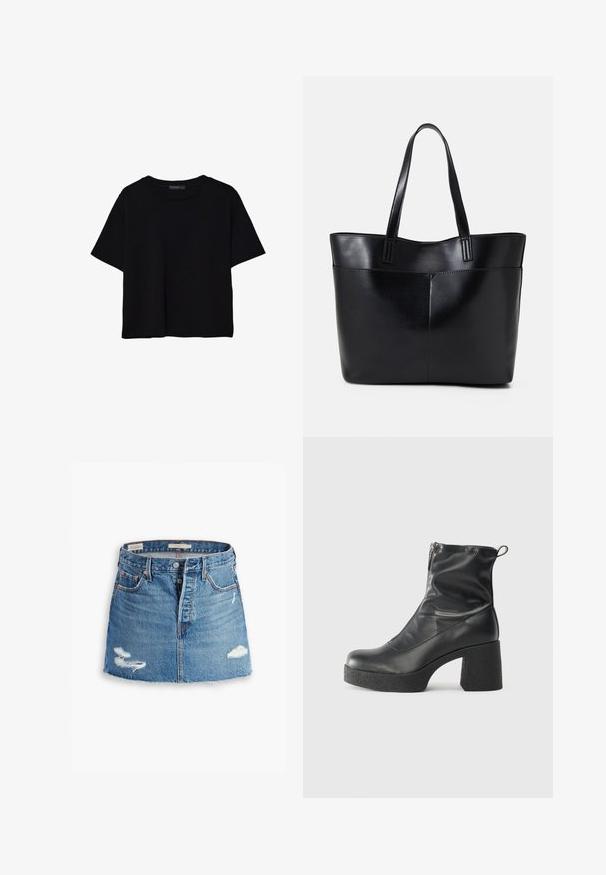 Črna kratkotrajna majica brez rokavov iz bombaža. Ima okroglo ovratnico in sproščen kroj z gladko, enostavno teksturo. Brez vidnih vzorcev ali dodatkov.; Denim mini krilo v svetlo modri barvi. Ima raztrgan rob, dva obrabljenega patche, sprednje zapiranje na gumb in pet žepov. Klasičen kroj.; Črne gležnjarje iz gladke kože z božnim zadrgo, masivnim teksturiranim peto in zaobljeno obliko prstov.; Črna usnjena torba z dvema dolgima ročajema, gladko teksturo in strukturirano obliko. Ima sprednji žep za dodatno shranjevanje.