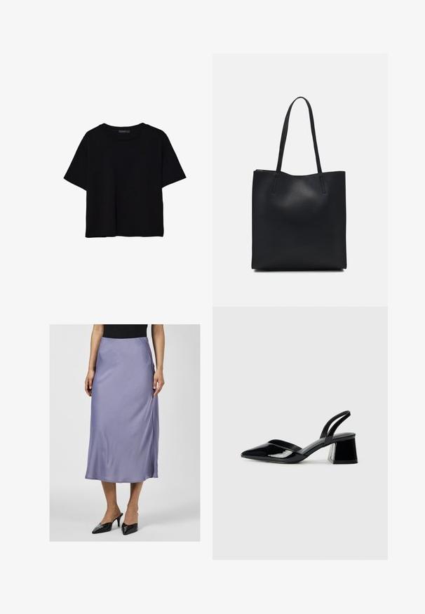 Črna kratkotrajna majica brez rokavov iz bombaža. Ima okroglo ovratnico in sproščen kroj z gladko, enostavno teksturo. Brez vidnih vzorcev ali dodatkov.; Satin midi krilo v mehki sivkasti barvi, gladka tekstura, stranska razporka, nosi se z črnimi petami. Vrh je prilegajoča črna srajca.; Črne lakirane slingback pete s koničastim nosom in geometrijsko blokasto peto. Imajo eleganten, minimalističen dizajn in gladko teksturo.; Črna usnjena torba s svilnato teksturo, pravokotne oblike in dvema dolgima ročajema. Brez vidnih metalnih delov ali okrasnih elementov.