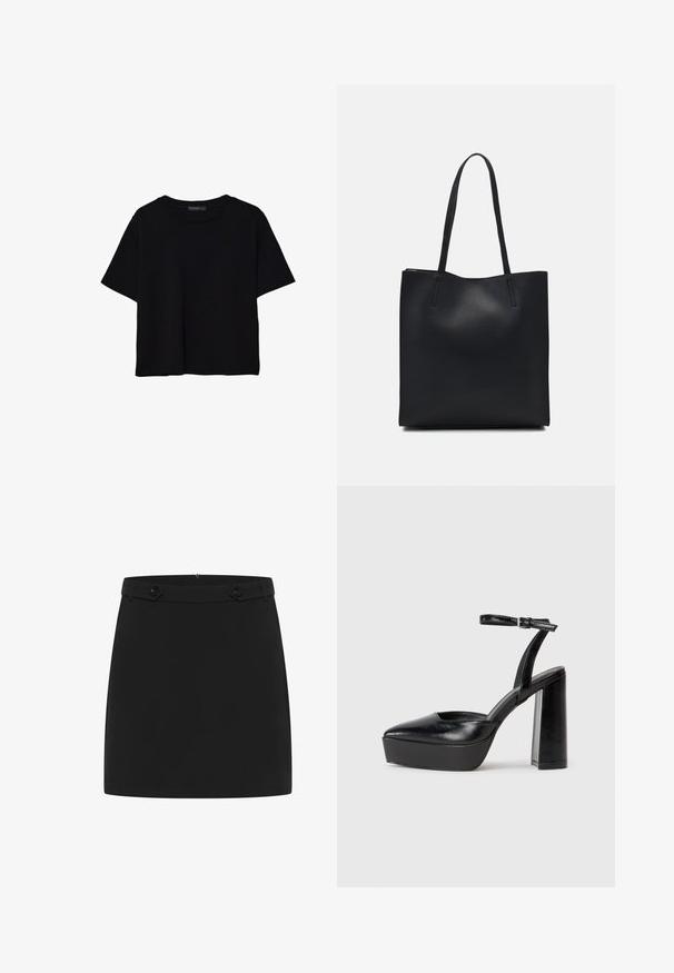 Crna majica kratkih rukava od pamuka. Ima okrugli izrez i labav kroj s glatkom, jednoličnom teksturom. Nema vidljivih uzoraka ili akcenta.; Crna mini suknja od glatkog materijala s jednostavnim dizajnom, ravnim pojasom i dva dekorativna gumba sprijeda.; Crne platforme s potpeticom s oštrim vrhom i podešivom naramenicom. Izrađene od glatke kože, s masivnom blok petom.; Crna kožna torba za nošenje s glatkom teksturom, pravokutnim oblikom i dvije duge ručke. Nema vidljivih metalnih dijelova ili ukrasa.