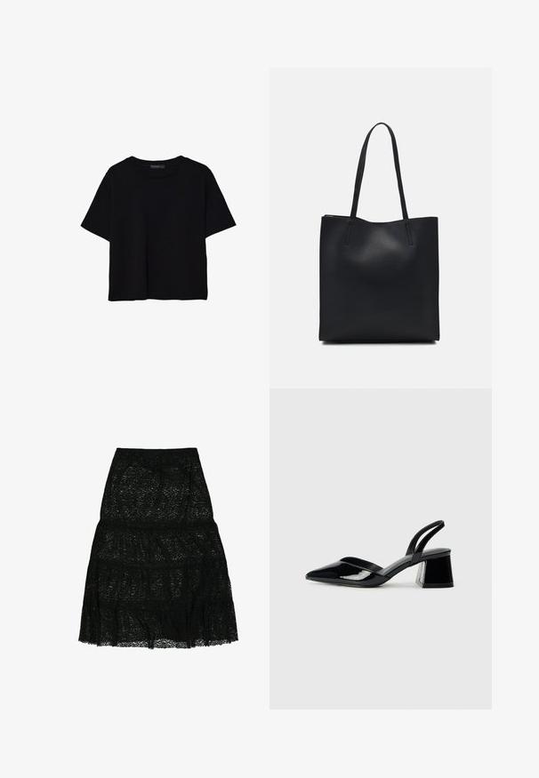 Schwarzes T-Shirt mit kurzen Ärmeln aus Baumwolle. Verfügt über einen runden Ausschnitt und einen lockeren Schnitt mit einer glatten, einfarbigen Textur. Keine sichtbaren Muster oder Akzente.; Schwarzer Spitzenrock mit einem gestuften Design und einem Abschluss mit Rüschensaum. Elastischer Taillenbund für mehr Komfort. Leichte und halbtransparente Textur.; Schwarze Lackleder-Slingback-High Heels mit spitzem Schuh und einem geometrischen Blockabsatz. Verfügt über ein schlankes, minimalistisches Design und eine glatte Textur.; Schwarze Laptoptasche aus Leder mit glatter Textur, rechteckiger Form und zwei langen Griffen. Keine sichtbaren Beschläge oder Verzierungen.