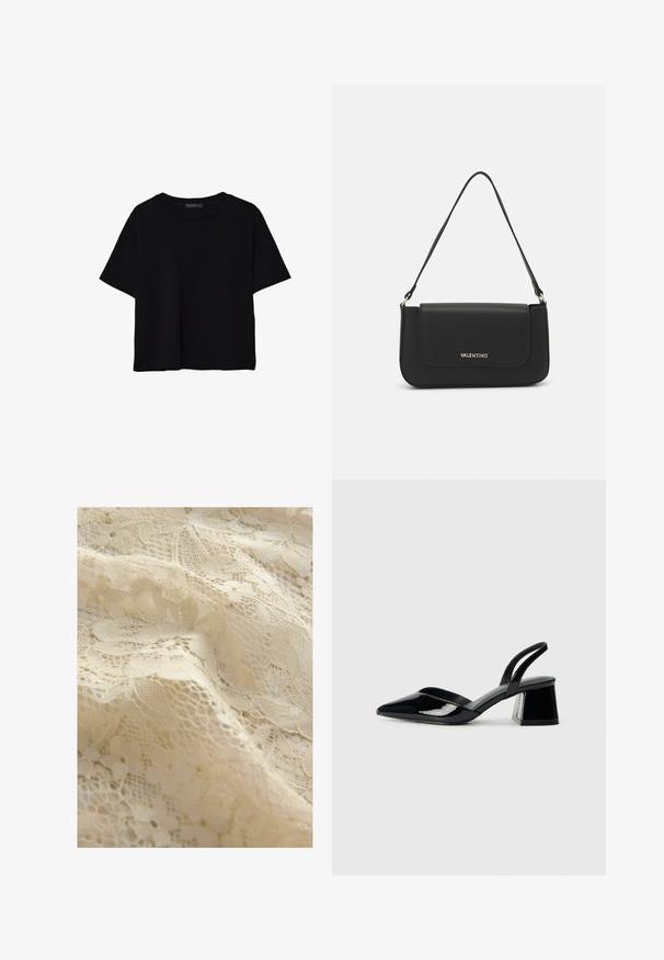 Černé tričko s krátkým rukávem vyrobené z bavlny. Má kulatý výstřih a volný střih s hladkým, jednobarevným povrchem. Bez viditelných vzorů nebo akcentů.; Béžová krajková látka s květinovými vzory, složitými detaily, různými texturami a jemným průsvitným vzhledem.; Černé lakované kožené lodičky na pásku s špičatou špičkou a geometrickým blokovým podpatkem. Vyznačují se elegantním, minimalistickým designem a hladkým povrchem.; Černá kabelka přes rameno z umělé kůže s klopou, která má zlatý logo akcent a tenký nastavitelný popruh. Hladká textura, obdélníkový design.
