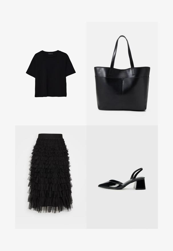 Sort kortærmet T-shirt lavet af bomuld. Har rund hals og en løs pasform med en glat, ensfarvet tekstur. Ingen synlige mønstre eller detaljer.; Sorte lagdelte nederdel med elastisk talje, flere lag af sammenfoldede flæser og en blød tyltekstur, der skaber volumen og bevægelse.; Sorte patentlæder slingback hæle med spids tå og en geometrisk blok hæl. Har et elegant, minimalistisk design og en glat tekstur.; Sort læder tote taske med to lange håndtag, en glat tekstur og en struktureret form. Har en forlommem for ekstra opbevaring.