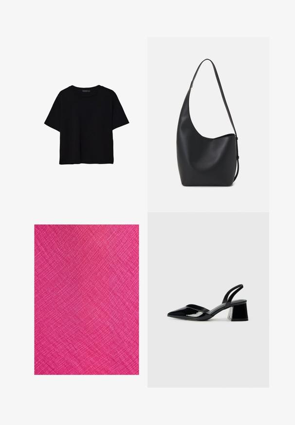Černé tričko s krátkým rukávem vyrobené z bavlny. Má kulatý výstřih a volný střih s hladkým, jednobarevným povrchem. Bez viditelných vzorů nebo akcentů.; Jasně růžová látka s texturovaným povrchem, která má diagonální vzor a jemné linie vytvářející tkaný vzhled.; Černé lakované kožené lodičky na pásku s špičatou špičkou a geometrickým blokovým podpatkem. Vyznačují se elegantním, minimalistickým designem a hladkým povrchem.; Černá kožená hobo taška s hladkým povrchem, zakřiveným tvarem a jedním nastavitelným popruhem; má široké otevírání nahoře.