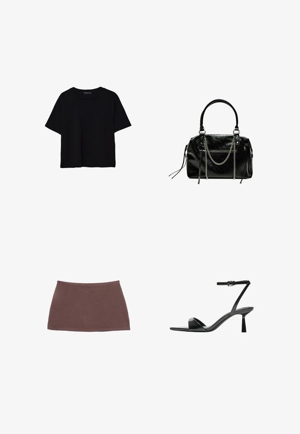 Mustat lyhyet hihavat t-paidat, jotka on valmistettu puuvillasta. Ominaisuuksiin kuuluu pyöreä kaula-aukko ja löysä istuvuus sekä sileä, yksinkertainen pinta. Ei näkyviä kuvioita tai koristeita.; Ruskea puuvillainen mini-hame suoran leikkauksen, sileän pinnan ja joustavan vyötärönauhan kanssa. Ominaisuuksiin kuuluu yksinkertainen suunnittelu ilman kuvioita tai metalliosia.; Bershka Korolliset sandaalit - black; Bershka WITH CHAIN - Käsilaukku - black