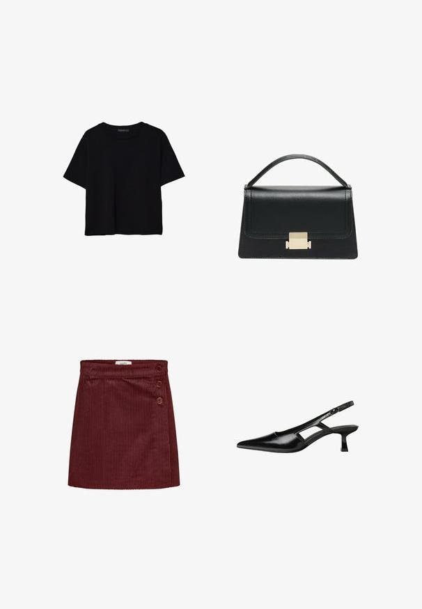 Mustat lyhyet hihavat t-paidat, jotka on valmistettu puuvillasta. Ominaisuuksiin kuuluu pyöreä kaula-aukko ja löysä istuvuus sekä sileä, yksinkertainen pinta. Ei näkyviä kuvioita tai koristeita.; Burgundy corduroy-helmi, jossa on tekstuuroitu pinta, muotoiltu vyötärö ja kolme koristepainiketta sivussa. Lyhyt, suora leikkaus.; Mustat lakatut nahkakengät, joissa on viistopää, leikattu sivusuunnassa ja pieni neliökoroke. Sujuva pinta, jossa on minimaalinen koristelu.; Musta nahkakäsilaukku, jossa on jämäkkä muotoilu, yläkahva ja kultainen metallisolki edessä. Sujuva pinta, minimaalinen ompelu.