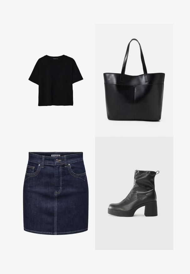 Black short-sleeve t-shirt made of cotton. Features a round neck and a loose fit with a smooth, plain texture. No visible patterns or accents.; Denim skirt in dark blue with contrast stitching, five belt loops, two front pockets, and a silver-tone button fastening.; Black ankle boots made of smooth leather, featuring a side zipper, chunky textured heel, and rounded toe design.; Black leather tote bag with two long handles, a smooth texture, and a structured shape. Features a front pocket for additional storage.