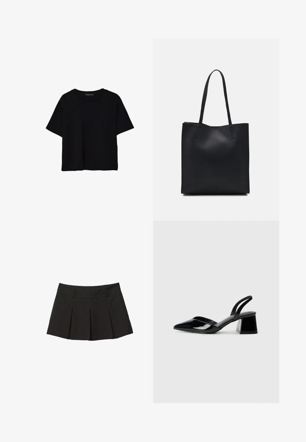 Schwarzes T-Shirt mit kurzen Ärmeln aus Baumwolle. Verfügt über einen runden Ausschnitt und einen lockeren Schnitt mit einer glatten, einfarbigen Textur. Keine sichtbaren Muster oder Akzente.; Schwarzer, plissierter Rock mit einem enganliegenden Taillenbund und einer weichen Textur. Mit vorderen Falten gestaltet, um zusätzliche Form und Stil zu verleihen.; Schwarze Lackleder-Slingback-High Heels mit spitzem Schuh und einem geometrischen Blockabsatz. Verfügt über ein schlankes, minimalistisches Design und eine glatte Textur.; Schwarze Laptoptasche aus Leder mit glatter Textur, rechteckiger Form und zwei langen Griffen. Keine sichtbaren Beschläge oder Verzierungen.