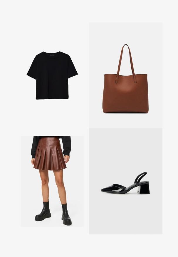 Schwarzes T-Shirt mit kurzen Ärmeln aus Baumwolle. Verfügt über einen runden Ausschnitt und einen lockeren Schnitt mit einer glatten, einfarbigen Textur. Keine sichtbaren Muster oder Akzente.; Brauner, plissierter Rock aus Kunstleder mit einem taillierten Bund, schichtweise gestaltet und glatter Textur, kombiniert mit schwarzen klobigen Knöchelschuhen.; Schwarze Lackleder-Slingback-High Heels mit spitzem Schuh und einem geometrischen Blockabsatz. Verfügt über ein schlankes, minimalistisches Design und eine glatte Textur.; Braune Leder-Tote mit glatter Textur, offenem Oberteil und zwei Schulterriemen. Verfügt über minimale Nähte und keine sichtbaren Beschläge.