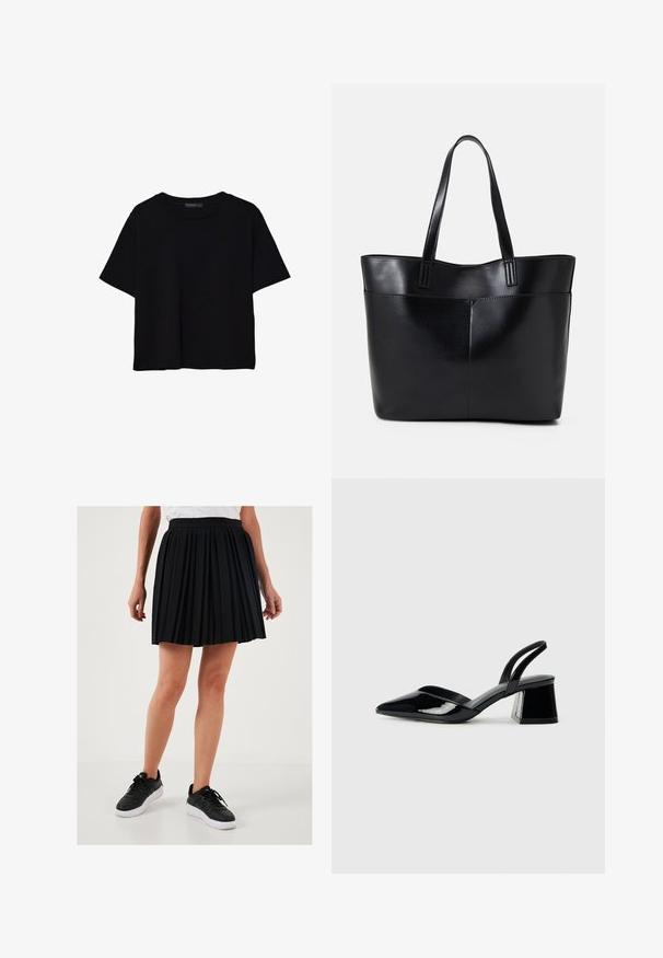 Černé tričko s krátkým rukávem vyrobené z bavlny. Má kulatý výstřih a volný střih s hladkým, jednobarevným povrchem. Bez viditelných vzorů nebo akcentů.; Černá skládací sukně s vysokým pasem a hladkým povrchem, doplněná černými teniskami s bílou podrážkou.; Černé lakované kožené lodičky na pásku s špičatou špičkou a geometrickým blokovým podpatkem. Vyznačují se elegantním, minimalistickým designem a hladkým povrchem.; Černá kožená taška s dlouhými ušima, hladkým povrchem a strukturovaným tvarem. Obsahuje přední kapsu pro další úložný prostor.