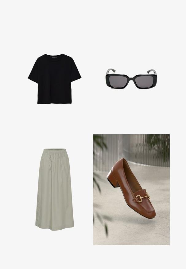 Svart t-shirt med kort ärm tillverkad av bomull. Har en rund hals och en lös passform med en slät, enfärgad yta. Inga synliga mönster eller accenter.; Ljusgrön, knälång kjol i mjukt tyg med elastisk midja, med en rynkad design och diskreta sömmar.; Brun lackläder loafer med fyrkantig tå, metallkedja som accent och låg blockklack; slät textur, minimalistisk design.; Svarta rektangulära solglasögon med mörka linser, slimmad plastbåge och böjda tempel. Designen är kraftig med en minimalistisk estetik.