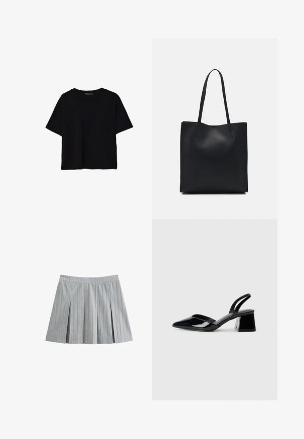 T-shirt nera a maniche corte in cotone. Presenta un collo rotondo e una vestibilità ampia con una texture liscia e uniforme. Nessun motivo o accento visibile.; Gonna grigia plissettata in un tessuto leggero con righe verticali. Presenta una vita aderente e plissettature verticali per un movimento aggiuntivo.; Décolleté in vernice nera con punta affusolata e tacco in geometria cubica. Presentano un design elegante e minimalista, con una texture liscia.; Borsa tote in pelle nera con texture liscia, forma rettangolare e due manici lunghi. Nessun hardware o decorazione visibile.