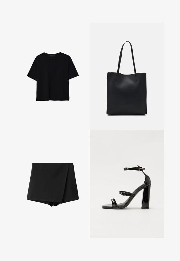 Mustat lyhyet hihavat t-paidat, jotka on valmistettu puuvillasta. Ominaisuuksiin kuuluu pyöreä kaula-aukko ja löysä istuvuus sekä sileä, yksinkertainen pinta. Ei näkyviä kuvioita tai koristeita.; Mustat kietaisuhousut, jotka on valmistettu sileästä kudoksesta. Housuissa on korkea vyötärö ja rento istuvuus. Ei näkyviä kuvioita tai korostuksia.; Musta kiiltävä korkokenkä sandaalit neliönmuotoisella varpaalla, nilkkaremmillä ja hopeisilla soljilla. Varustettu tukevalla lohkokorkealla vakauden takaamiseksi.; Mustapahkainen kangaskassi, jossa on sileä pinta, suorakaiteen muotoinen ja kaksi pitkää kahvaa. Ei näkyvää metalliosaa tai koristeita.