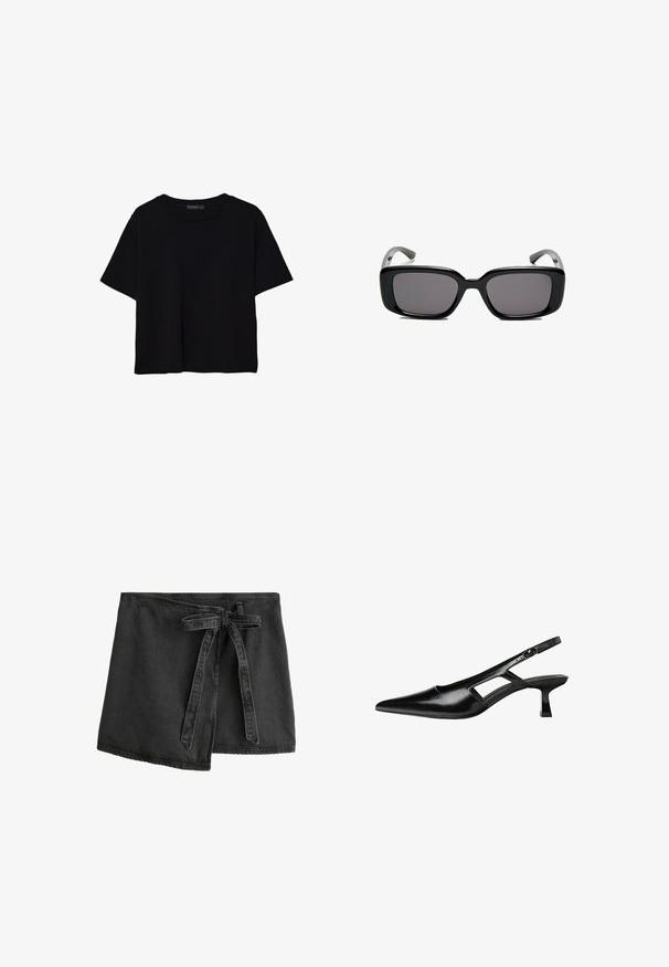 Černé tričko s krátkým rukávem vyrobené z bavlny. Má kulatý výstřih a volný střih s hladkým, jednobarevným povrchem. Bez viditelných vzorů nebo akcentů.; Černá džínsová zavinovací sukně s vázacím opaskem, asymetrickým lemem a hladkou texturou. Obsahuje švy podél okrajů.; Černé lakované lodičky na podpatku se špičatou špičkou, výřezovým designem na boku a malým čtvercovým podpatkem. Hladká textura s minimálními akcenty.; Černé obdélníkové sluneční brýle s tmavými skly, hladkým plastovým rámem a zakřivenými stranicemi. Design je robustní s minimalistickou estetikou.; Burgundská kožená kabelka s měkkým, nabíraným designem a zaobleným tvarem. Ucho je zajištěné a vykazuje hladkou texturu.