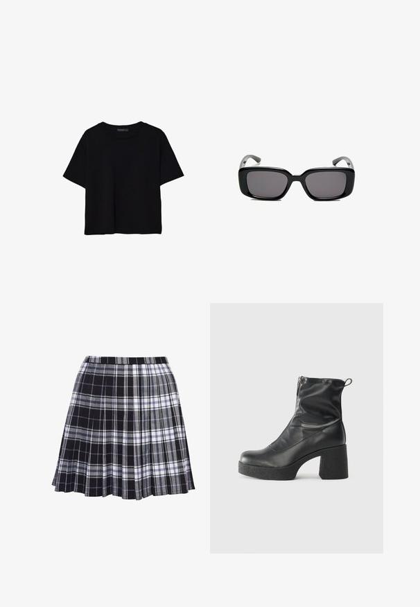 T-shirt noir à manches courtes en coton. Présente un col rond et une coupe ample avec une texture lisse et unie. Aucun motif ni accent visible.; Jupe plissée à carreaux noir et gris avec une ceinture, la texture du tissu est lisse, avec des lignes horizontales et verticales de largeurs variées.; Bottes noires à la cheville en cuir lisse, dotées d'une fermeture éclair sur le côté, d'un talon épais texturé et d'une conception à bout rond.; Lunettes de soleil noires rectangulaires avec des verres foncés, monture en plastique lisse et branches courbées. Le design est épais avec une esthétique minimaliste.