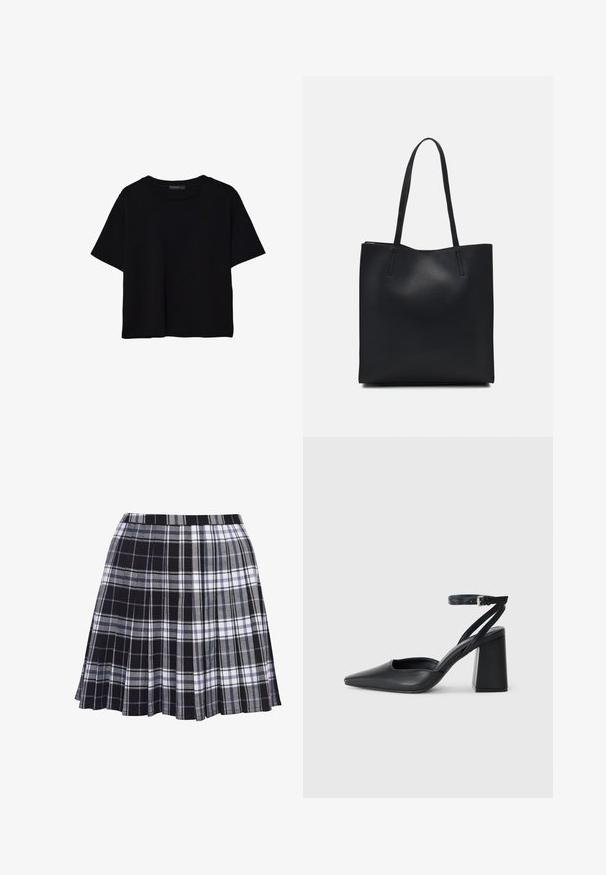 T-shirt nera a maniche corte in cotone. Presenta un collo rotondo e una vestibilità ampia con una texture liscia e uniforme. Nessun motivo o accento visibile.; Gonna a pieghe a scacchi neri e grigi con vita, la texture del tessuto è liscia, con linee orizzontali e verticali di larghezze variabili.; Pump in pelle nera con punta affusolata, cinturino alla caviglia e tacco spesso. Texture piatta, design elegante ed estetica minimalista.; Borsa tote in pelle nera con texture liscia, forma rettangolare e due manici lunghi. Nessun hardware o decorazione visibile.