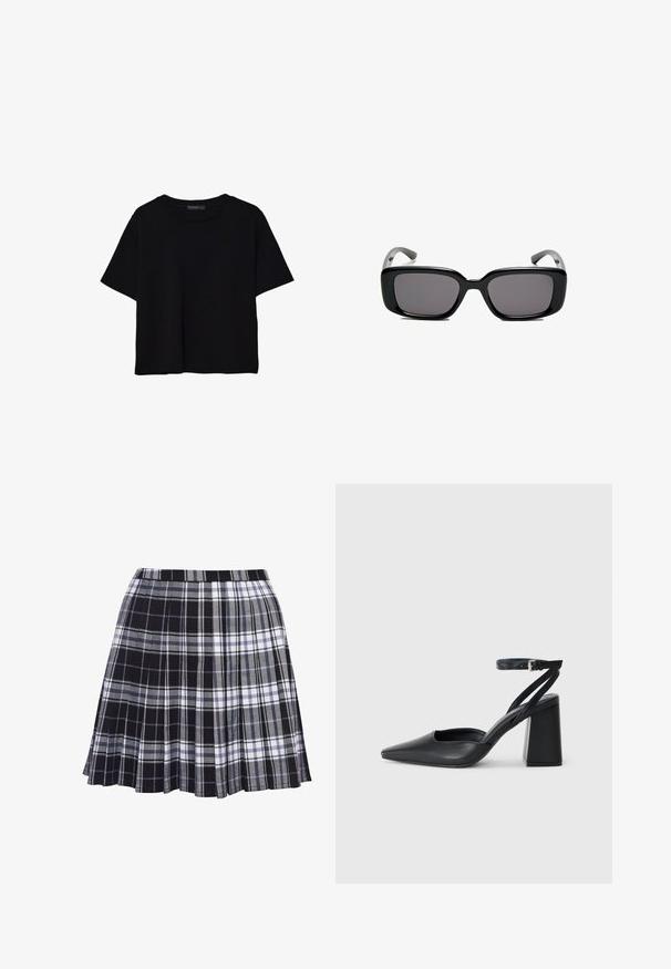 T-shirt noir à manches courtes en coton. Présente un col rond et une coupe ample avec une texture lisse et unie. Aucun motif ni accent visible.; Jupe plissée à carreaux noir et gris avec une ceinture, la texture du tissu est lisse, avec des lignes horizontales et verticales de largeurs variées.; Escarpin noir en cuir à bout pointu avec une bride de cheville et un talon épais. Texture lisse, design élégant et esthétique minimaliste.; Lunettes de soleil noires rectangulaires avec des verres foncés, monture en plastique lisse et branches courbées. Le design est épais avec une esthétique minimaliste.