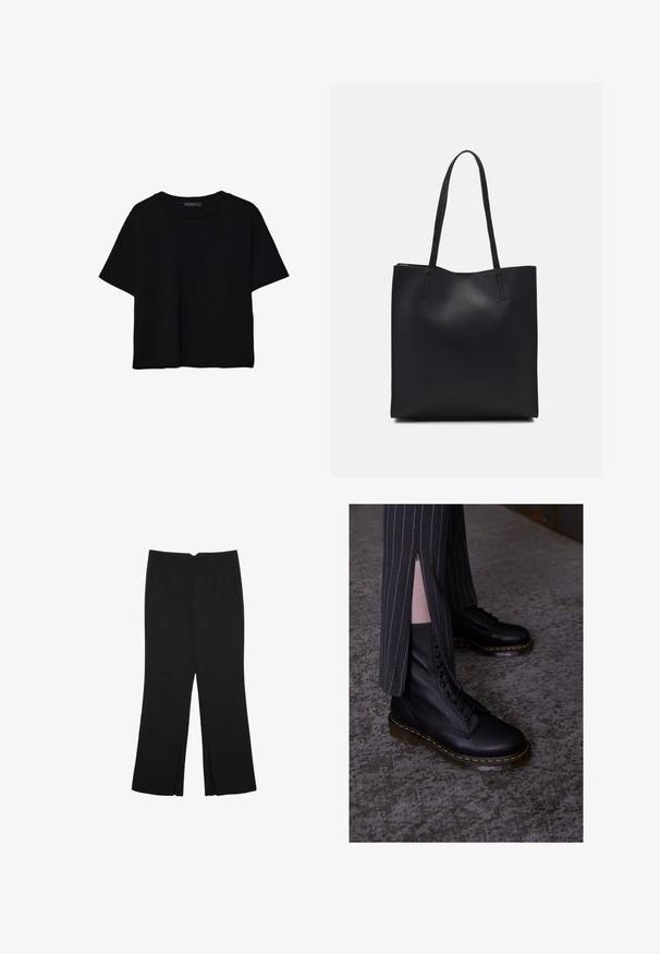 T-shirt nera a maniche corte in cotone. Presenta un collo rotondo e una vestibilità ampia con una texture liscia e uniforme. Nessun motivo o accento visibile.; Pantaloni neri a gamba dritta, con tasche frontali e spacchi laterali all'orlo. Realizzati in tessuto morbido e liscio. Adatti a diverse occasioni.; Stivali stringati in pelle nera con finitura texture, cuciture gialle e una suola traslucida robusta. Abbinati a pantaloni a righe con zip.; Borsa tote in pelle nera con texture liscia, forma rettangolare e due manici lunghi. Nessun hardware o decorazione visibile.