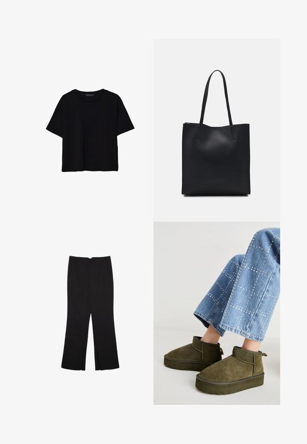 Črna kratkotrajna majica brez rokavov iz bombaža. Ima okroglo ovratnico in sproščen kroj z gladko, enostavno teksturo. Brez vidnih vzorcev ali dodatkov.; Črne hlače ravnega kroja z naglavnimi žepi in stranskimi razporki na robu. Narejene iz mehke, gladke tkanine. Primerne za različne priložnosti.; Olivnozeleni antilop čizmi do gležnja z debelim, teksturiranim đonom in zanko za zatavljanje. Kombinirano z svetlo modrimi, okrašenimi džinsom.; Črna usnjena torba s svilnato teksturo, pravokotne oblike in dvema dolgima ročajema. Brez vidnih metalnih delov ali okrasnih elementov.