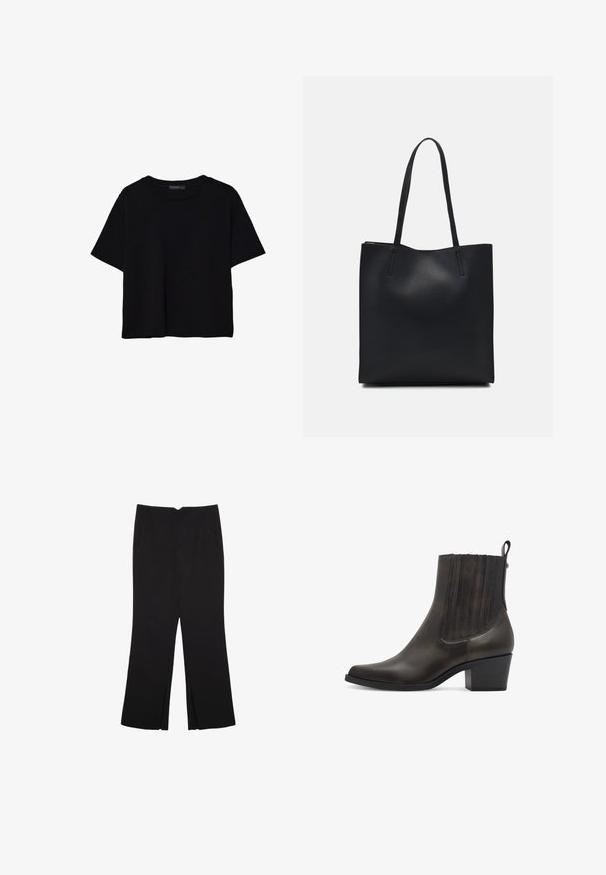 Čierne tričko s krátkym rukávom vyrobené z bavlny. Má okrúhly výstrih a voľný strih s hladkou, jednofarebnou textúrou. Žiadne viditeľné vzory ani akcenty.; Čierne nohavice so strihom rovného strihu, s prednými vreckami a bočnými rozparkami na leme. Vyrobené z mäkkej, hladkej tkaniny. Vhodné na rôzne príležitosti.; Tamaris Kovbojská/motorkárska členková čižma - cigar; Čierna kožená taška na rameno s hladkým povrchom, obdĺžnikovým tvarom a dvoma dlhými uchami. Bez viditeľného kovania alebo ozdôb.